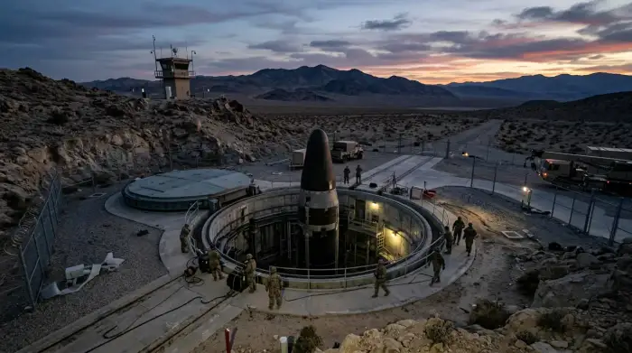 Silo de missile balistique intercontinental ouvert dans un paysage désertique au crépuscule.