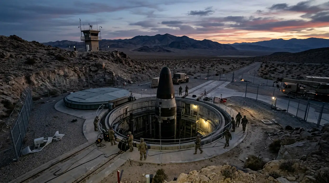 Silo de missile balistique intercontinental ouvert dans un paysage désertique au crépuscule.