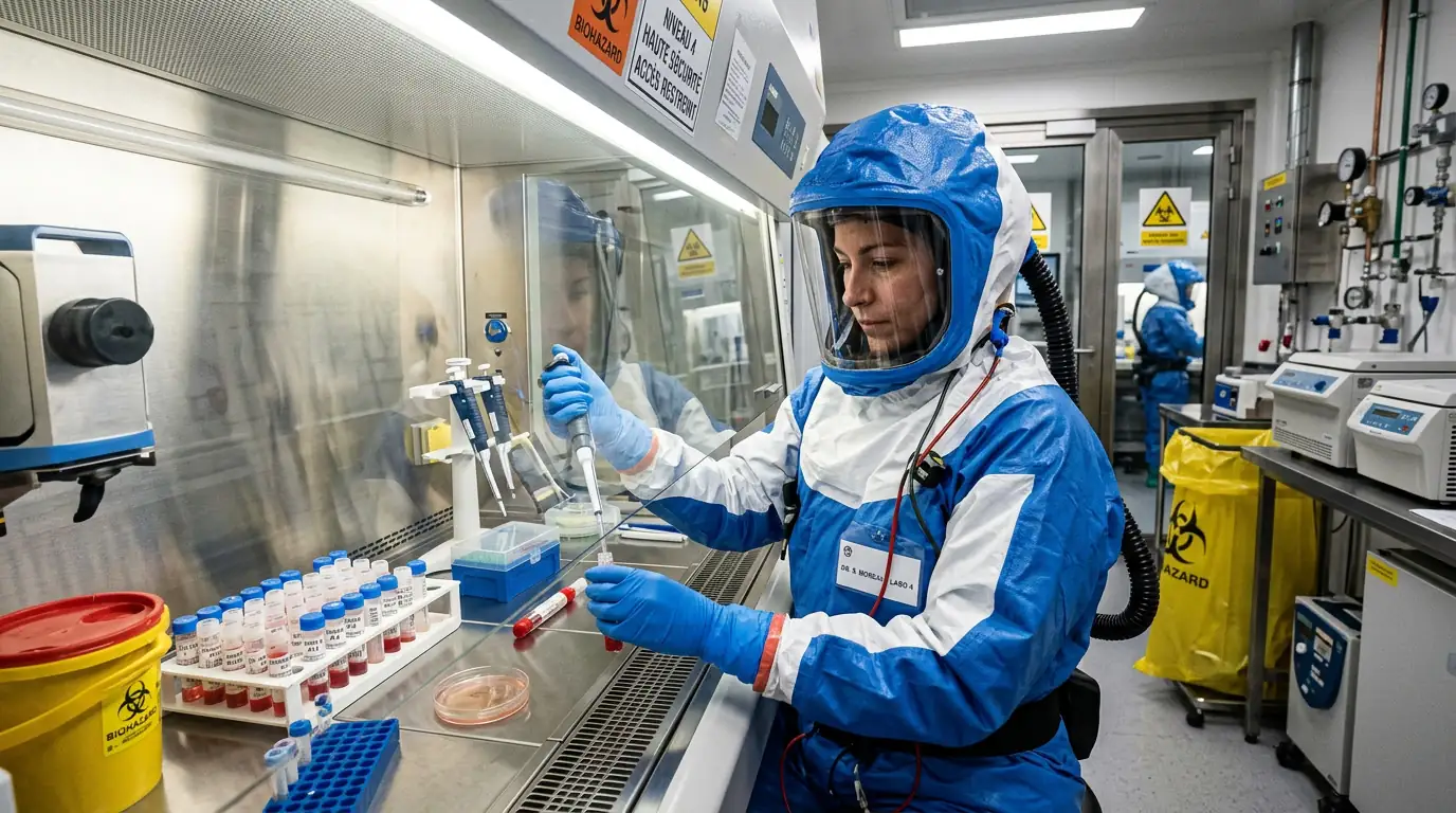 Scientifique en combinaison de protection manipulant des échantillons dans un laboratoire de haute sécurité.