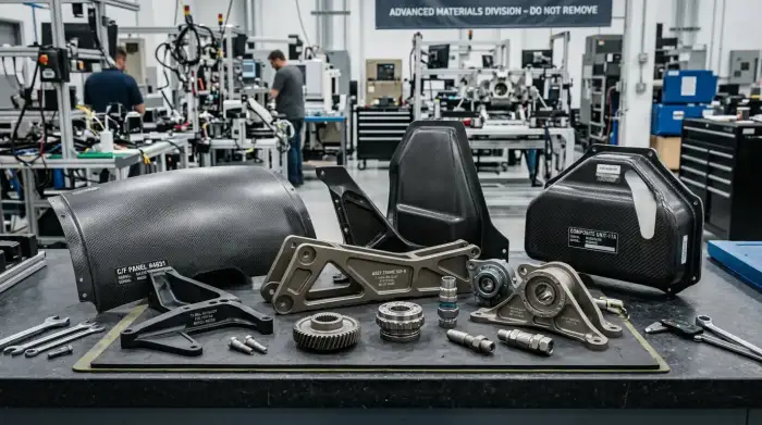 Pièces en composite de fibre de carbone et alliages métalliques destinées à la fabrication d'équipements militaires de pointe.