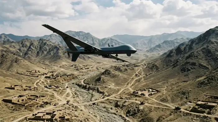 Drone militaire à voilure fixe en vol au-dessus d'un théâtre d'opérations.