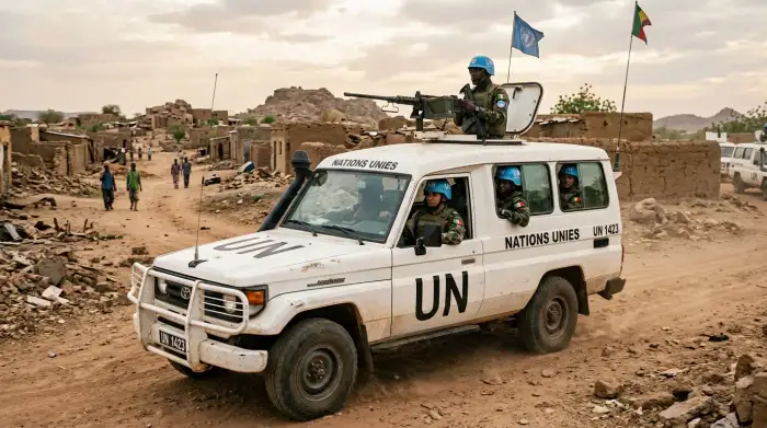 Casques bleus de l'ONU patrouillant à bord d'un véhicule blanc dans une zone de conflit.