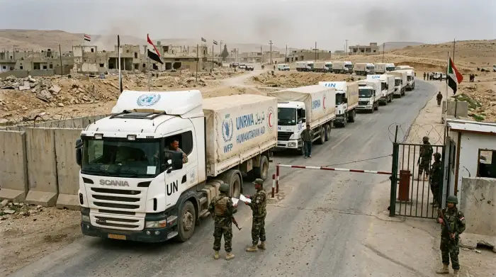 Convoi de camions d'aide humanitaire bloqué à un poste de contrôle dans une zone de conflit.