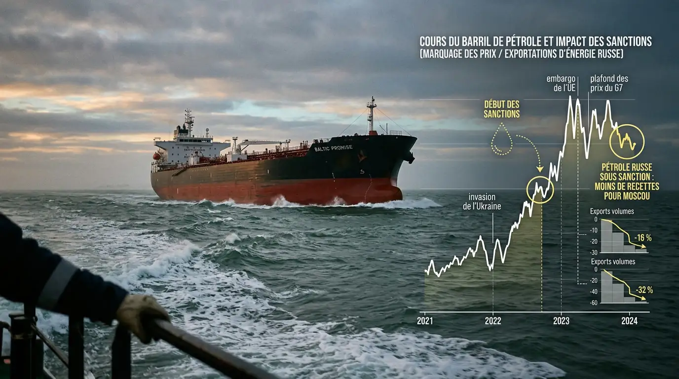 Pétrolier en mer et graphique de cours, illustrant les sanctions économiques sur les exportations d'énergie.