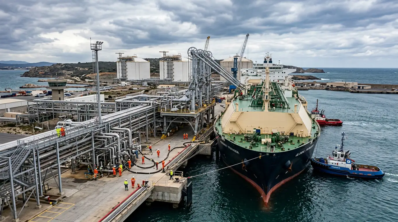 Terminal méthanier européen recevant un méthanier de gaz naturel liquéfié, symbole de la diversification énergétique.