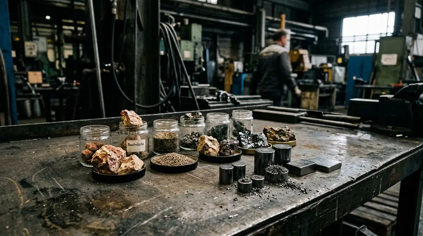 Échantillons de minerais de terres rares et aimants au néodyme sur un fond industriel sombre.