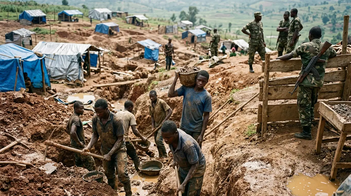 Mine artisanale de coltan dans une zone de conflit, symbole de l'exploitation des ressources pour financer la guerre.