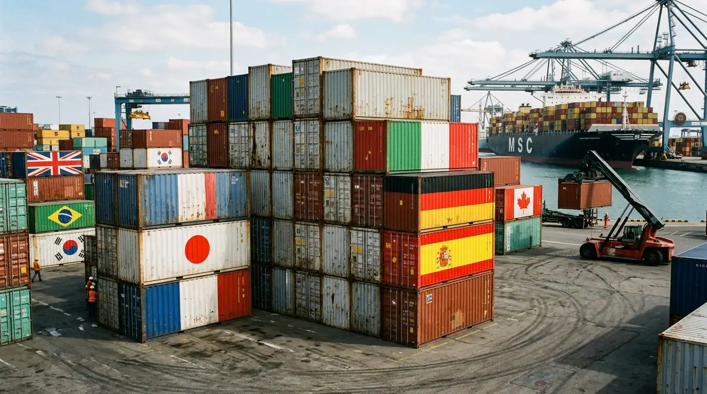 Conteneurs de fret marqués de drapeaux nationaux empilés dans un port commercial.