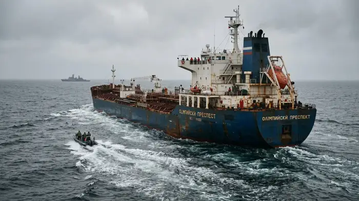 Pétrolier de la flotte fantôme russe naviguant en mer, illustrant le contournement des sanctions pétrolières.