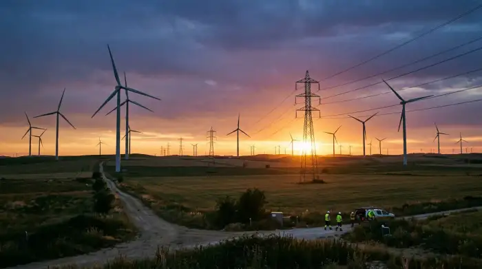 Éoliennes et lignes à haute tension au coucher du soleil, symboles de la transition énergétique mondiale.