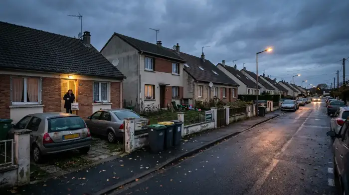 Rangée de pavillons résidentiels au crépuscule, symbole de la classe moyenne sous pression.