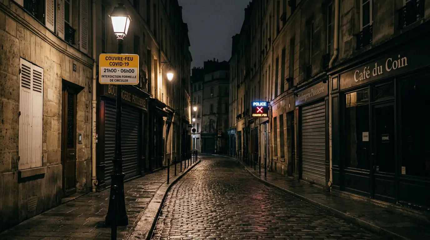 Rue déserte sous couvre-feu, symbole des restrictions de libertés en période de pandémie.
