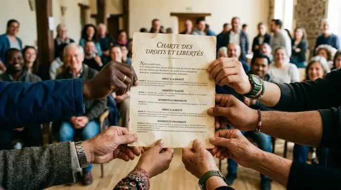 Mains de différentes couleurs de peau tenant ensemble un document symbolisant une charte des droits.