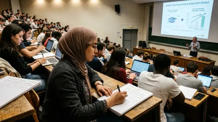 Étudiante prenant des notes dans un amphithéâtre, illustrant la progression scolaire des femmes issues de l'immigration.