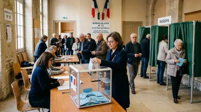 Bureau de vote français avec urne transparente et isoloirs, lors d'un scrutin national.