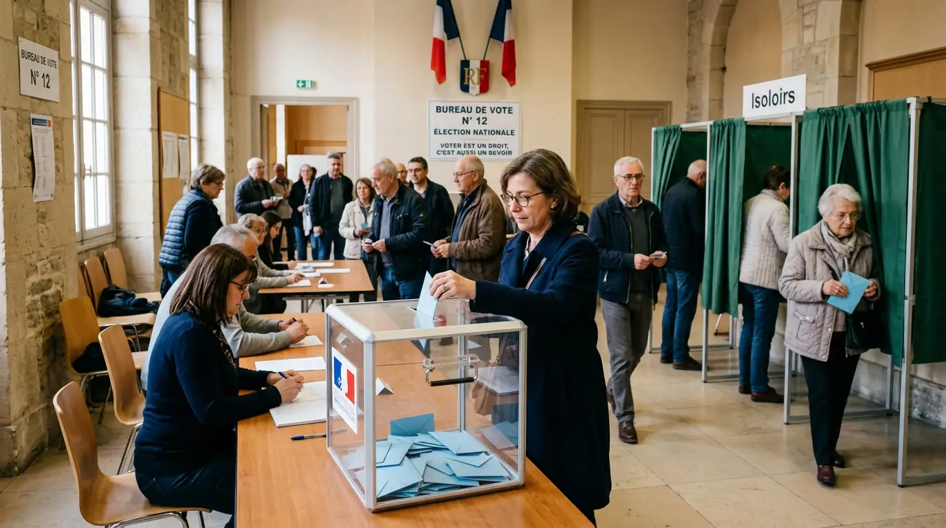 Bureau de vote français avec urne transparente et isoloirs, lors d'un scrutin national.