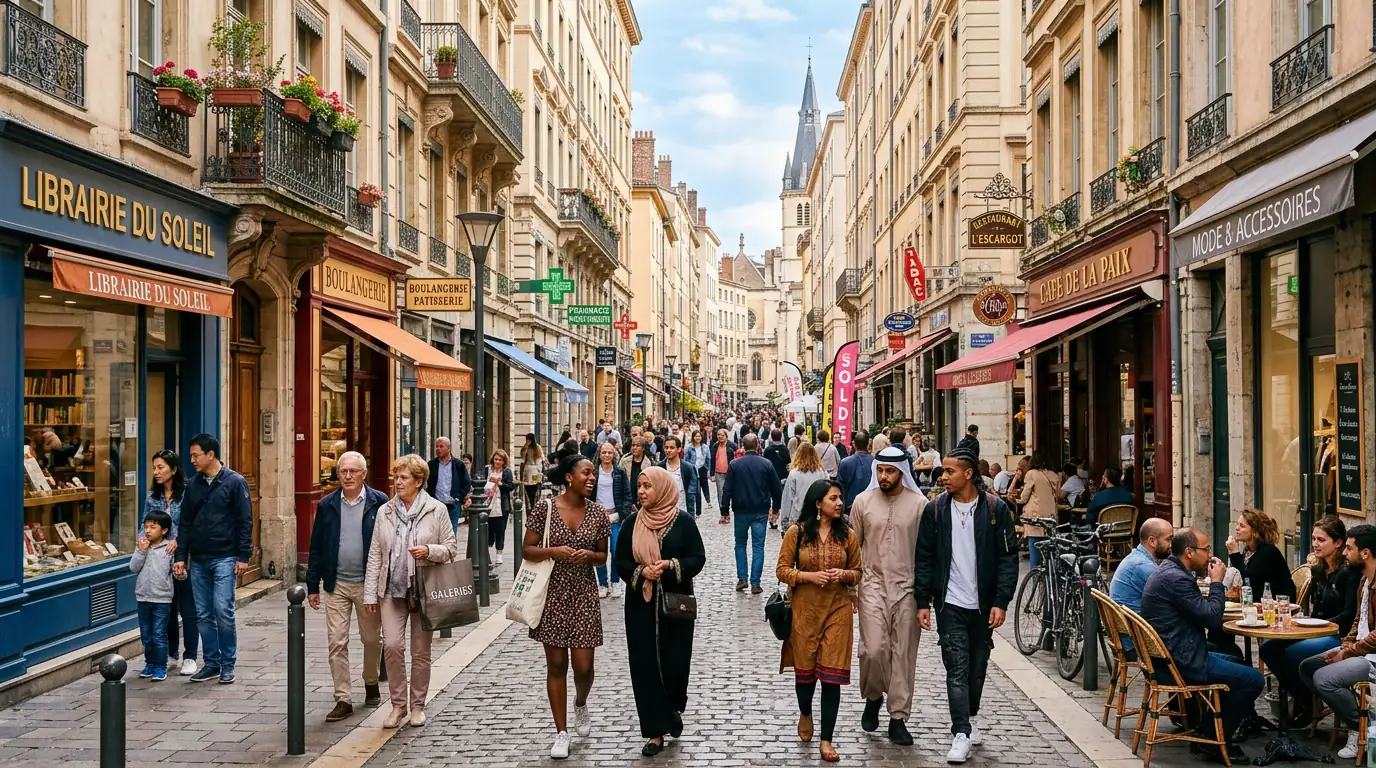 Rue commerçante d'une ville européenne fréquentée par des passants d'origines diverses.