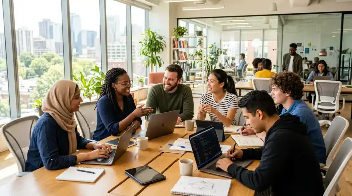 Jeunes adultes de divers horizons travaillant ensemble dans un espace de bureau lumineux.