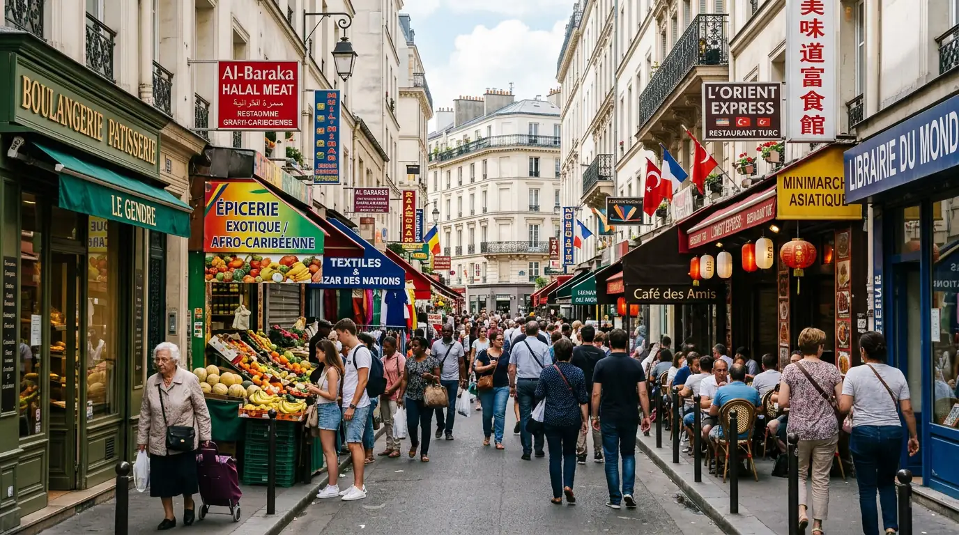Rue commerçante d'un quartier multiculturel d'une grande ville européenne, étals et enseignes diverses.
