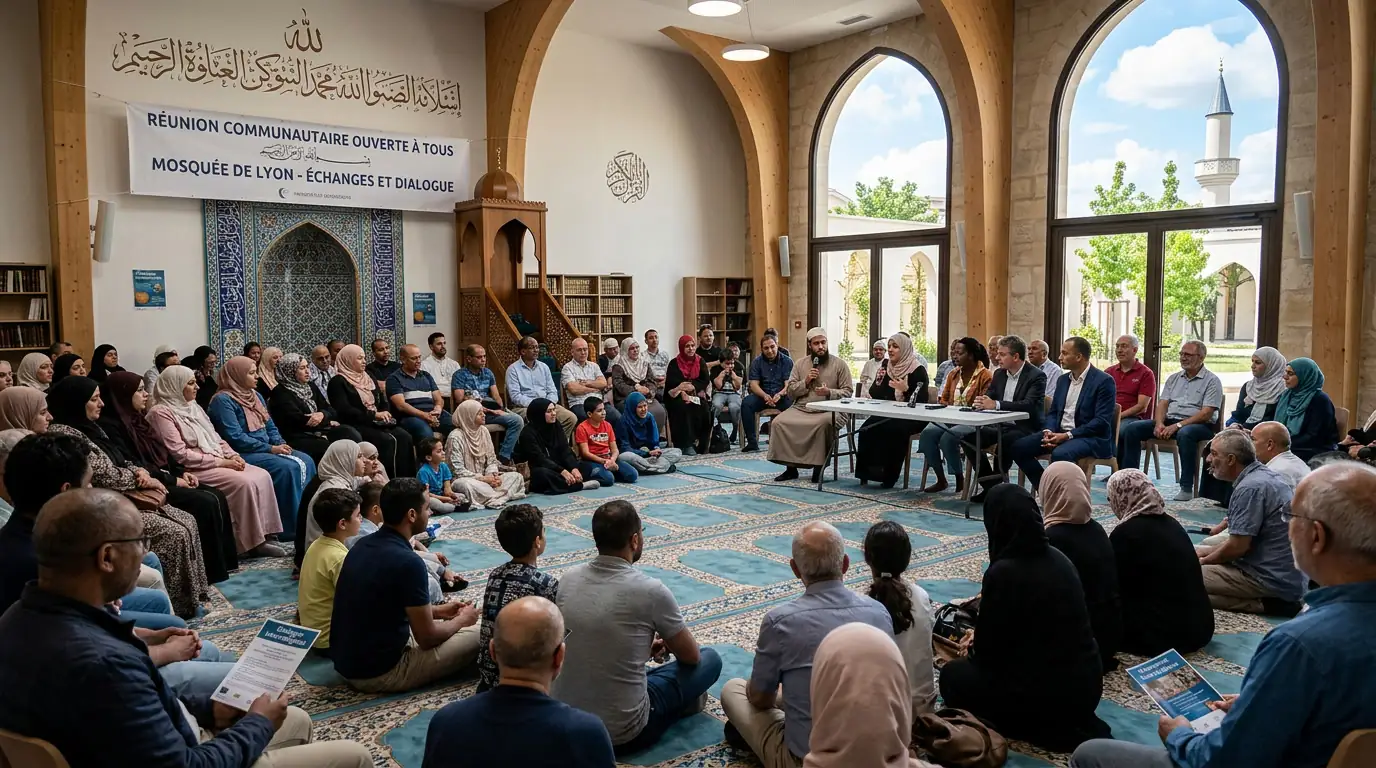 Intérieur d'une mosquée européenne accueillant une réunion communautaire ouverte au public.