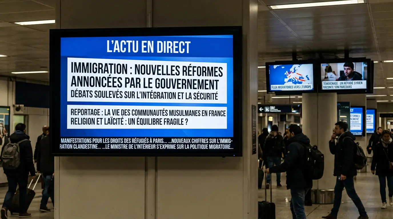 Écrans d'information et fils d'actualité affichant des titres sur l'islam et l'immigration.
