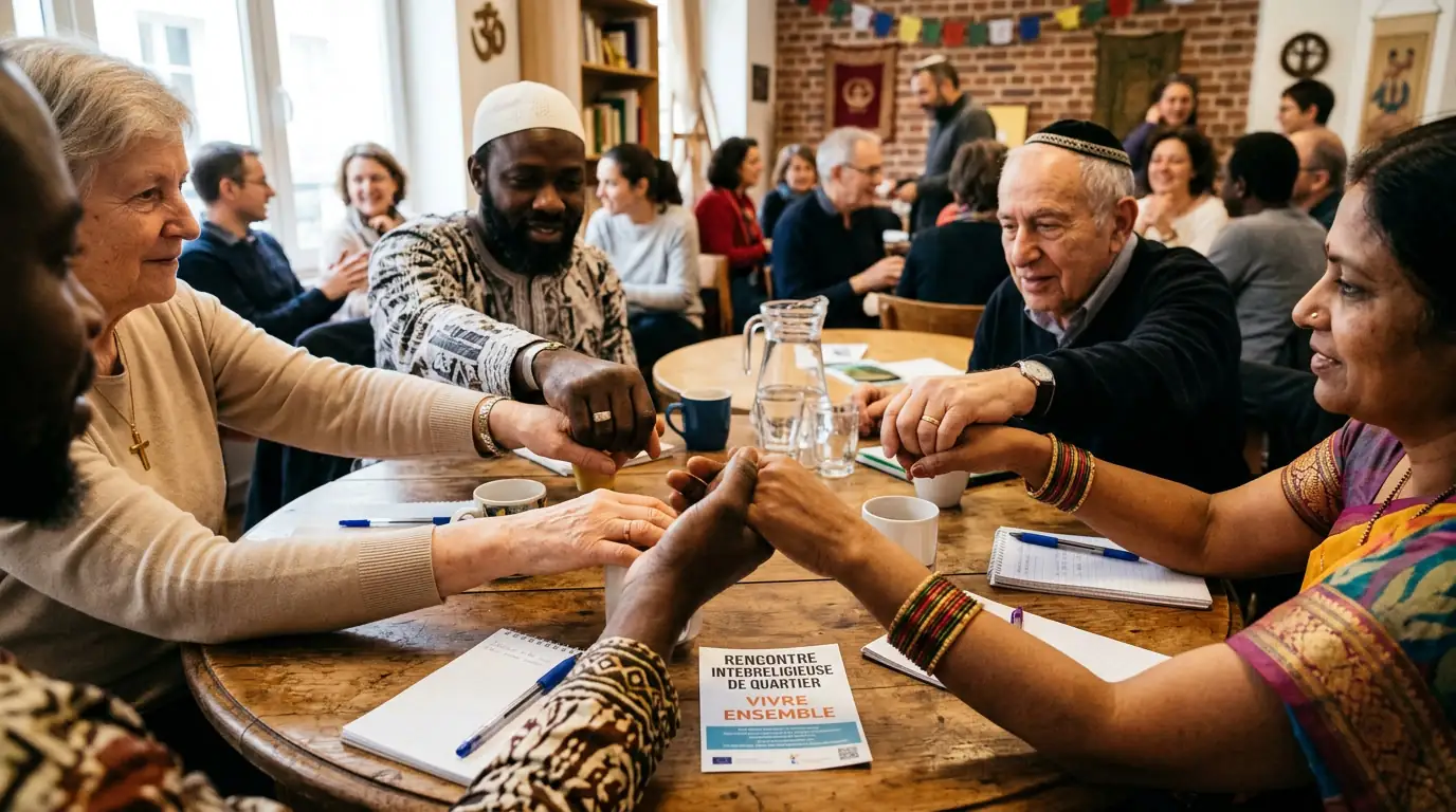 Mains tendues autour d'une table de discussion, symbole d'une rencontre interreligieuse de quartier.