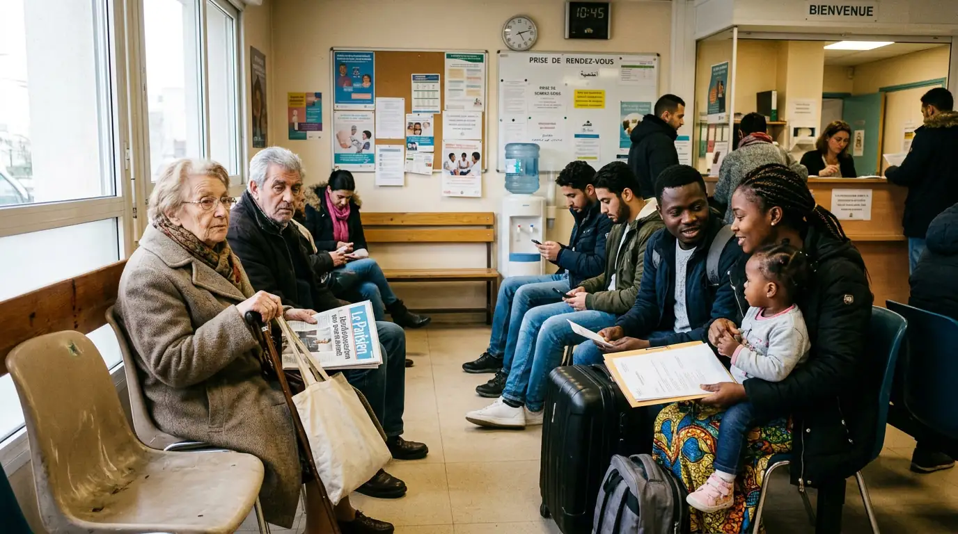 Salle d'attente intergénérationnelle, illustrant le contraste entre population vieillissante et nouveaux arrivants jeunes.
