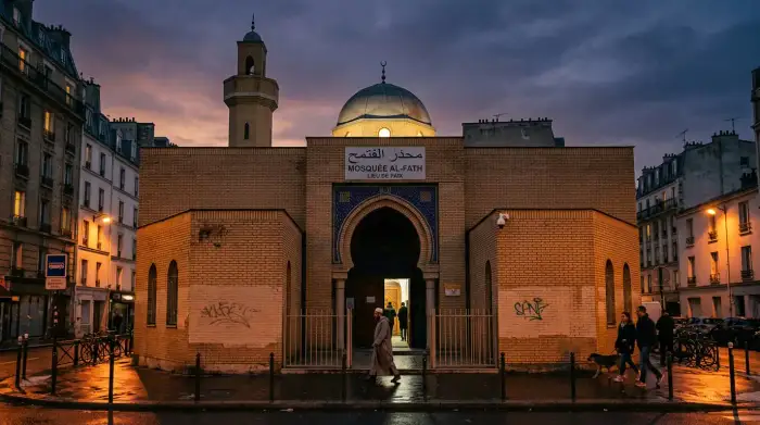 Façade d'une mosquée urbaine au crépuscule, lieu parfois ciblé par des actes de malveillance.