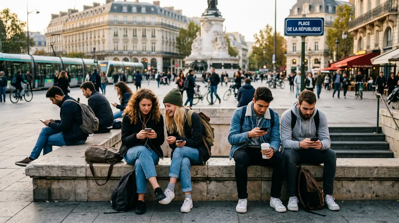 Jeunes adultes d'une grande ville occidentale consultant leurs téléphones dans un espace urbain.