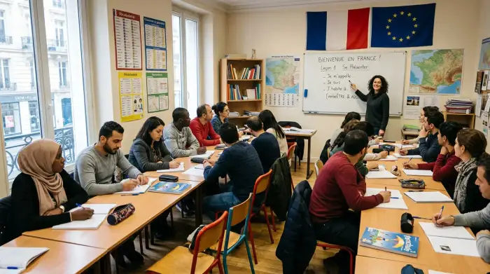 Salle de cours pour adultes nouvellement arrivés, drapeaux et apprentissage de la langue du pays d'accueil.