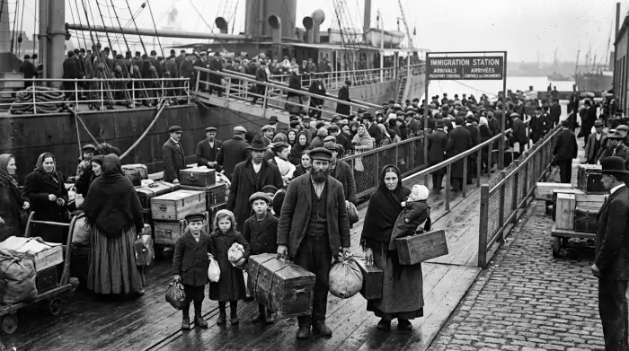 Archives illustrant l'arrivée d'immigrés européens au début du XXe siècle, valises et quais.
