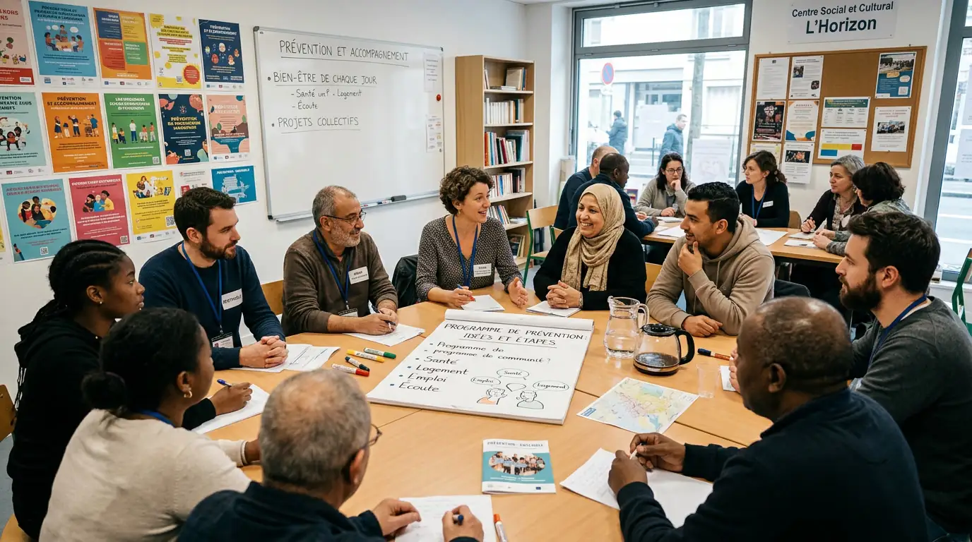 Travailleurs sociaux et habitants réunis autour d'une table dans un centre communautaire urbain pour un programme de prévention.