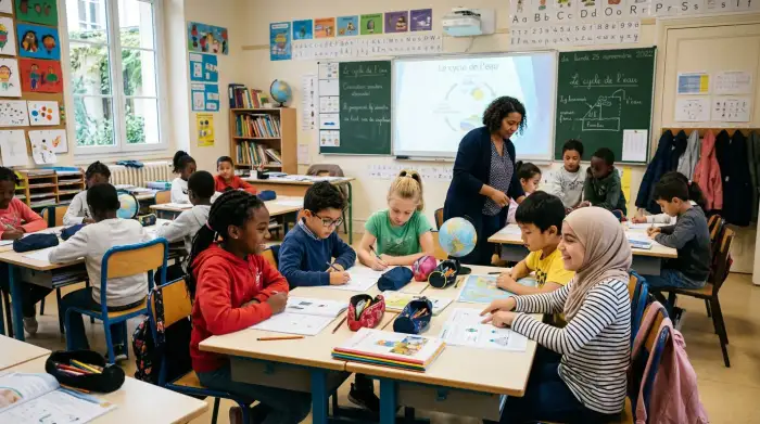 Salle de classe d'une école publique avec des élèves d'origines diverses.