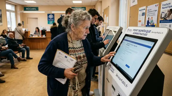 Personne âgée face à un guichet administratif numérique, illustrant la fracture numérique en France.