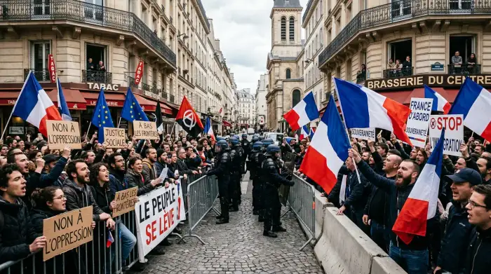 Foule divisée en deux groupes opposés se faisant face dans une rue de ville européenne.
