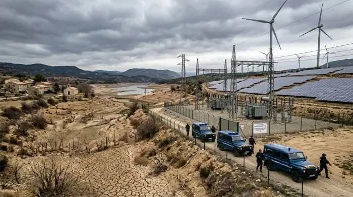 Paysage fracturé entre terre asséchée et infrastructures énergétiques, illustrant la transition climatique comme enjeu de sécurité.