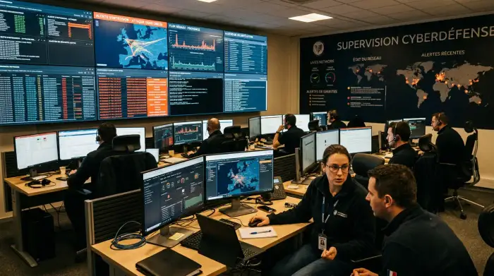 Salle de supervision de cyberdéfense avec écrans affichant des flux réseau et des alertes d'intrusion.