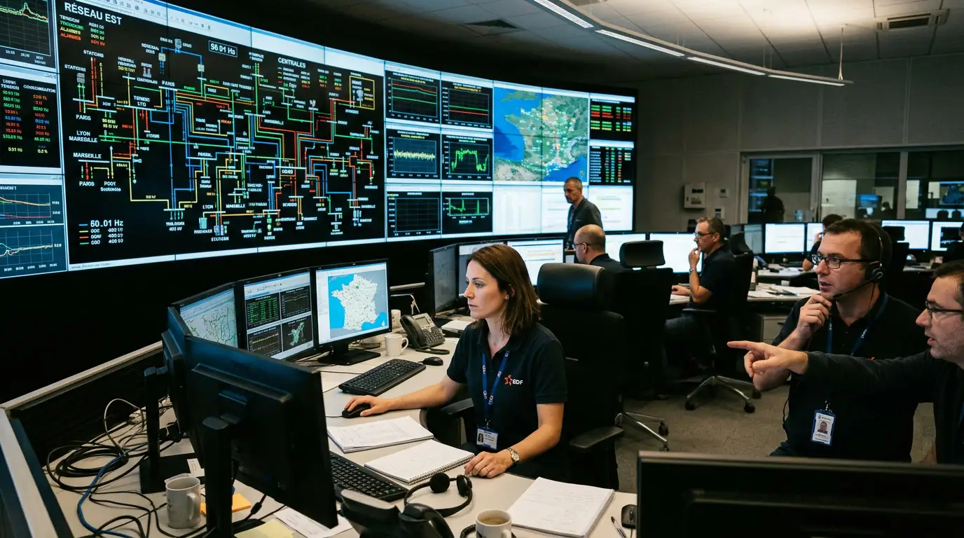 Salle de contrôle d'un réseau électrique avec écrans de surveillance et opérateurs.