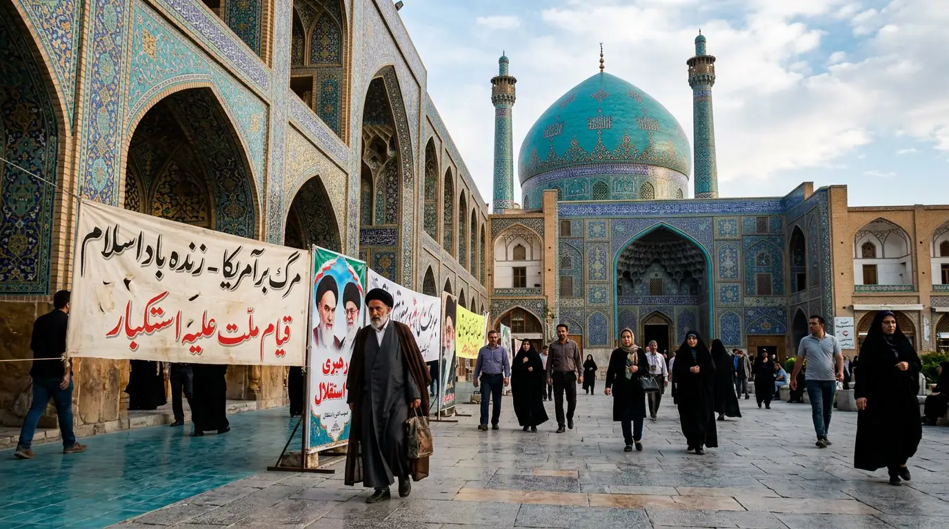 Architecture persane ancienne et coupole turquoise illustrant l'histoire politique de l'Iran.