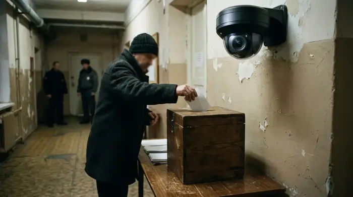 Urne de vote et caméra de surveillance, opposition symbolique entre démocratie et régime autoritaire.