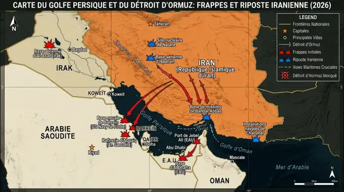 Carte du Golfe Persique et du détroit d'Ormuz, théâtre des frappes et de la riposte iranienne de 2026.