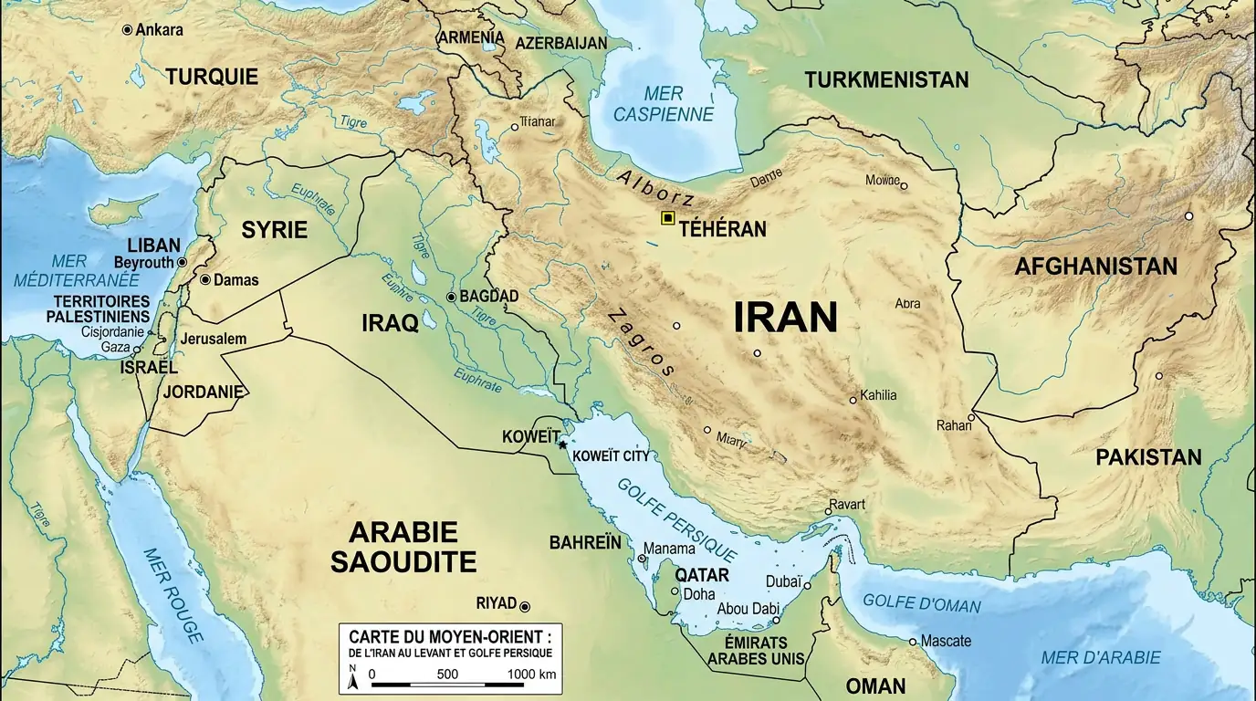 Carte du Moyen-Orient autour de l'Iran, des monarchies du Golfe à la Syrie et au Liban.