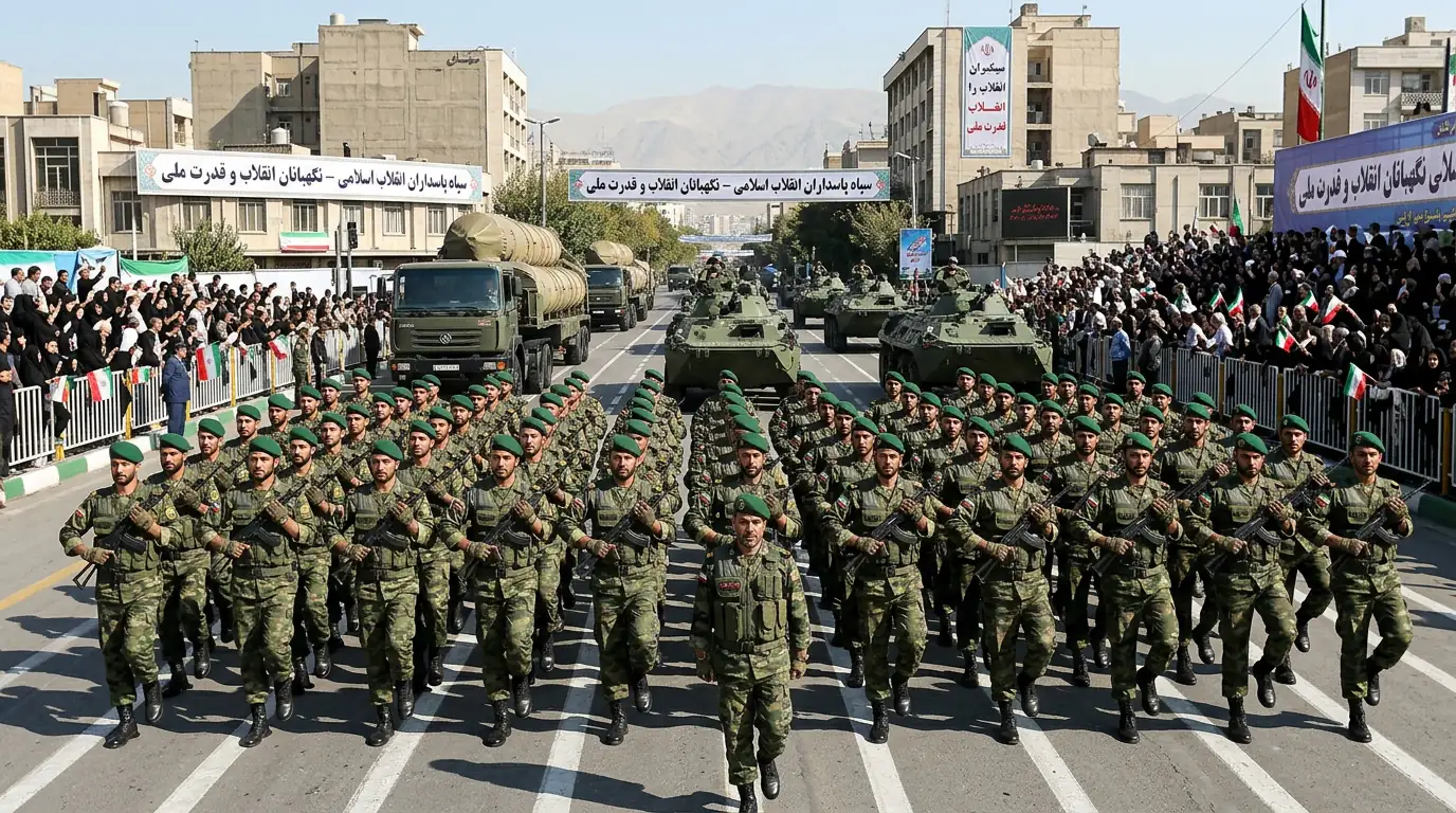 Défilé des Gardiens de la révolution islamique, pivot du pouvoir iranien après la guerre de 2026.