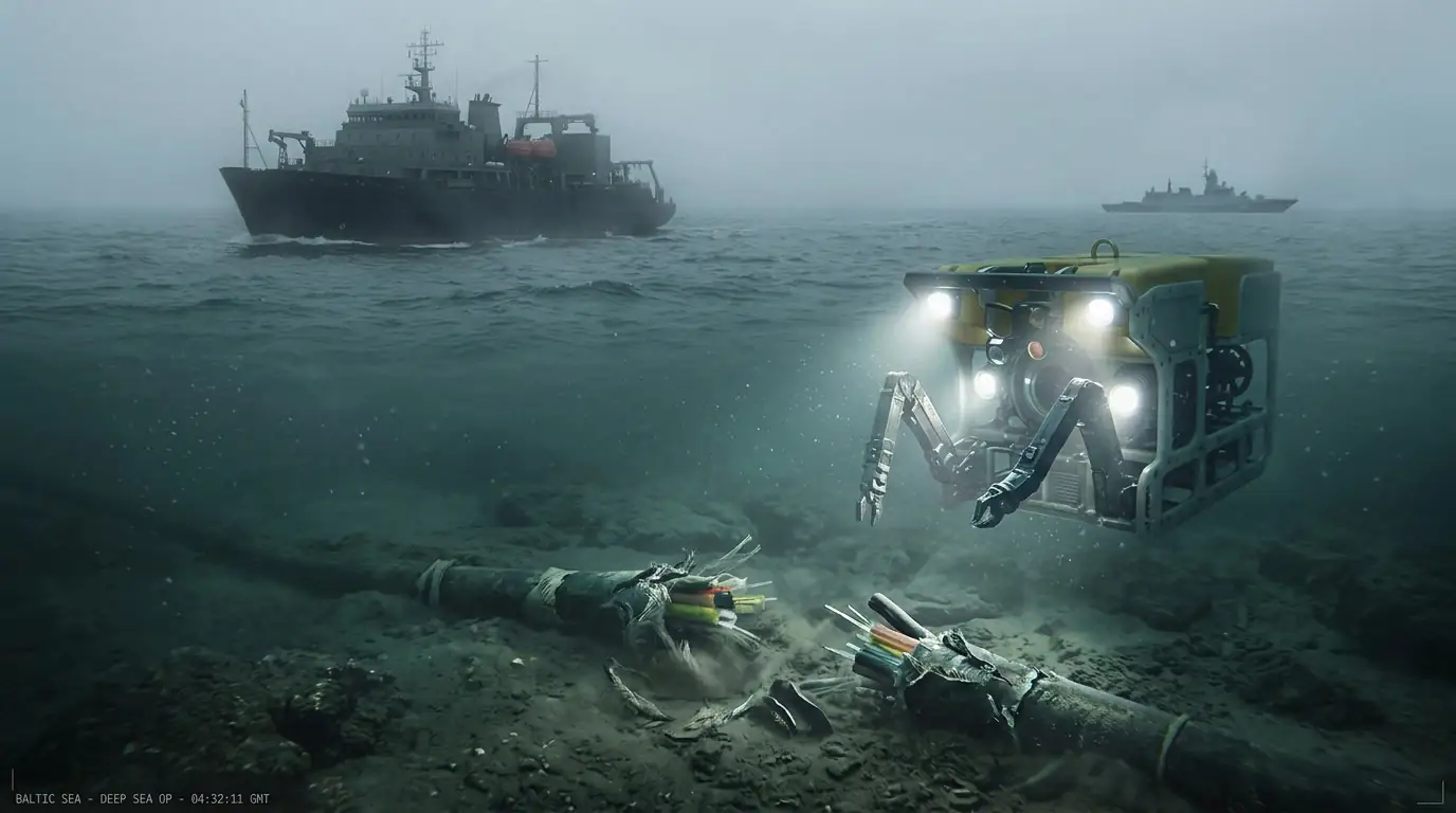Câble sous-marin endommagé en mer Baltique, symbole des sabotages hybrides russes visant les infrastructures européennes.