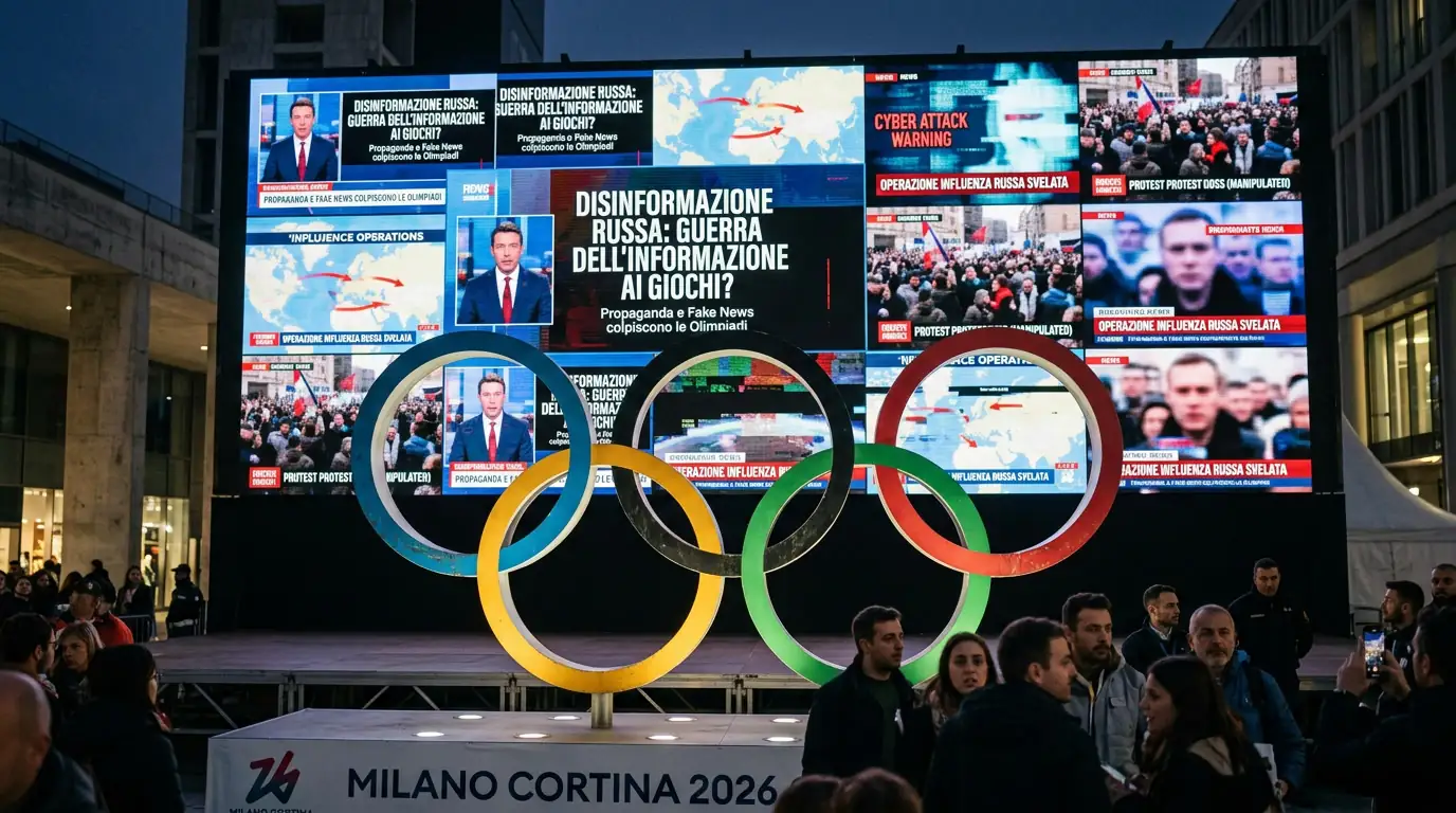 Anneaux olympiques de Milan-Cortina 2026 sur fond d'écrans diffusant de fausses vidéos d'information, symbole de la guerre informationnelle russe.