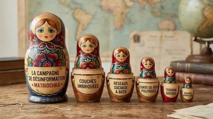 Poupées russes gigognes symbolisant les couches imbriquées de la campagne de désinformation « Matriochka ».