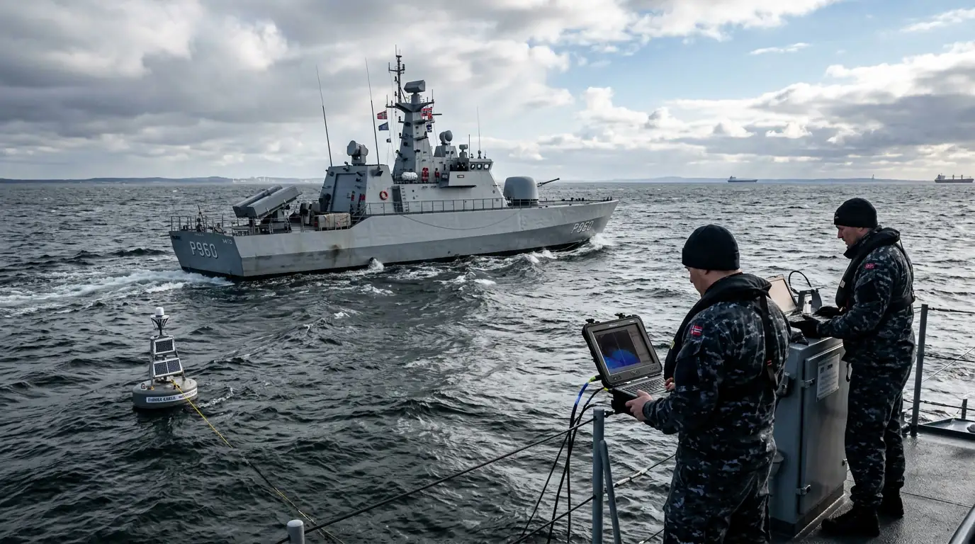 Navire de patrouille de l'OTAN surveillant des câbles sous-marins en mer Baltique.