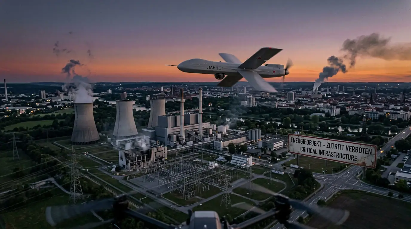 Drone survolant une infrastructure européenne au crépuscule, symbole de la guerre hybride russe.