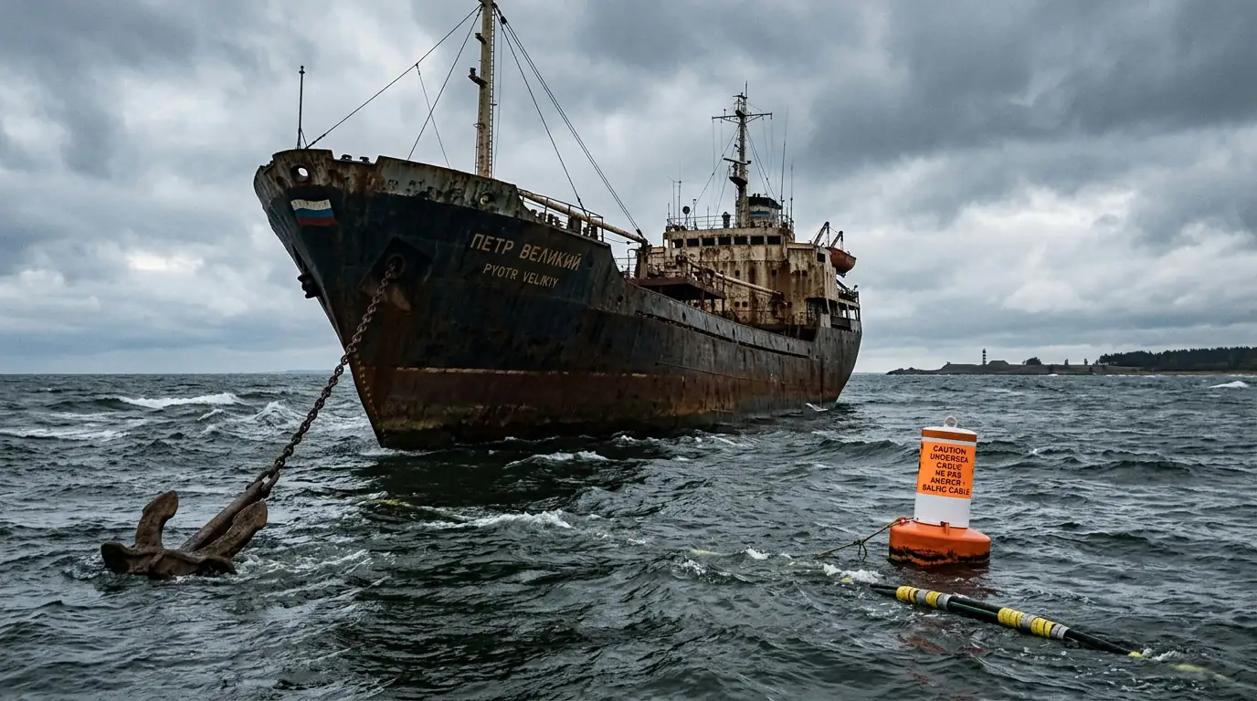 Navire de la flotte fantôme russe traînant son ancre près d'un câble sous-marin en mer Baltique.