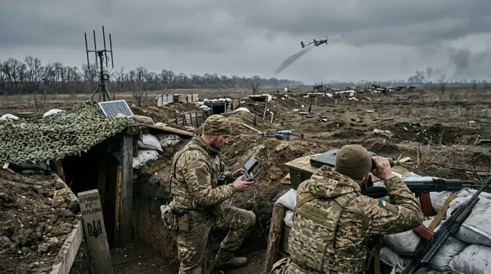 Ligne de front ukrainienne marquée par des tranchées et des drones, symbole de la guerre d'usure et des ingérences hybrides en 2026.